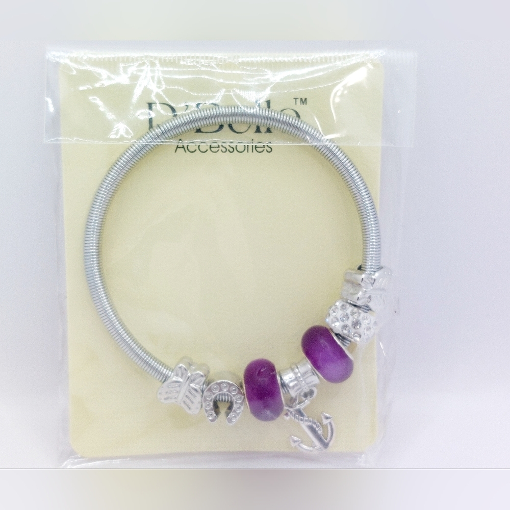 Beautiful Silver and Purple D'Bello‎ Beaded Charm bracelet